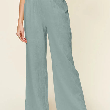 Double Take Full Size Texture Smocked Waist Wide Leg Pants - Image 9