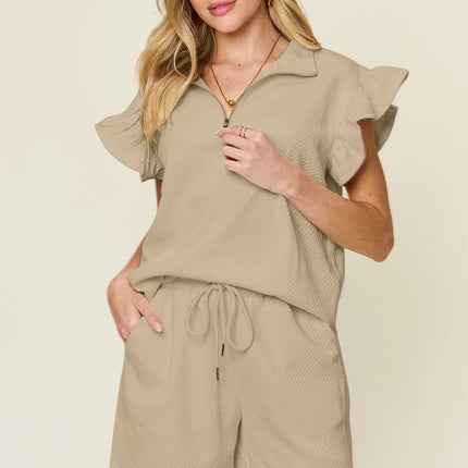 Double Take Full Size Texture Flounce Sleeve Top and Drawstring Shorts Set - Image 23