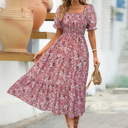 Floral Square Neck Short Sleeve Tiered Dress - Image 4