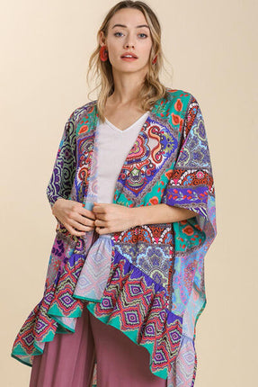 Umgee Full Size Mixed Print Ruffle Hem Open Front Cover Up Plus Size - Image 1