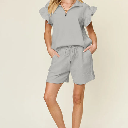 Double Take Full Size Texture Flounce Sleeve Top and Drawstring Shorts Set - Image 13
