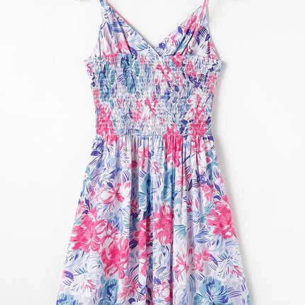 Floral Spaghetti Strap Surplice Neck Shirred Waist Mini Dress - Image 7