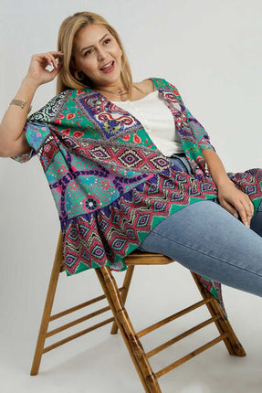 Umgee Full Size Mixed Print Ruffle Hem Open Front Cover Up Plus Size - Image 6