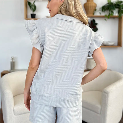 Double Take Full Size Texture Flounce Sleeve Top and Drawstring Shorts Set - Image 8