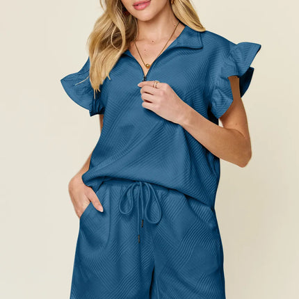 Double Take Full Size Texture Flounce Sleeve Top and Drawstring Shorts Set - Image 17