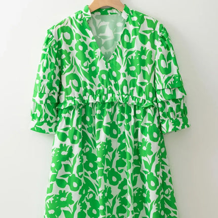 Printed Puff Half Sleeve V Neck Babydoll Dress - Image 5