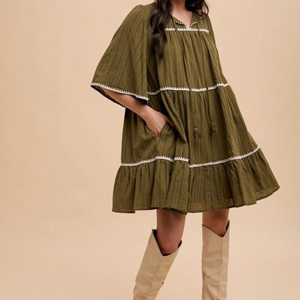 Annie Wear Tassel Contrast Trim Tie Neck Half Sleeve Tiered Dress - Image 8