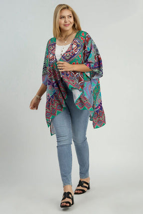 Umgee Full Size Mixed Print Ruffle Hem Open Front Cover Up Plus Size - Image 4