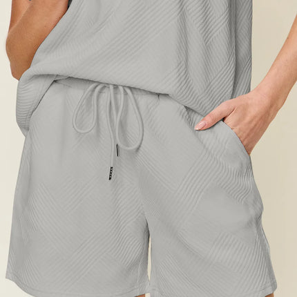 Double Take Full Size Texture Flounce Sleeve Top and Drawstring Shorts Set - Image 12
