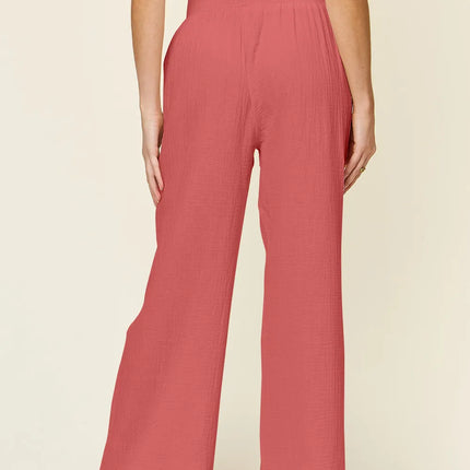 Double Take Full Size Texture Smocked Waist Wide Leg Pants - Image 4