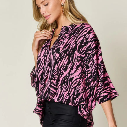 Double Take Full Size Printed Notched Three-Quarter Sleeve Blouse - Image 2