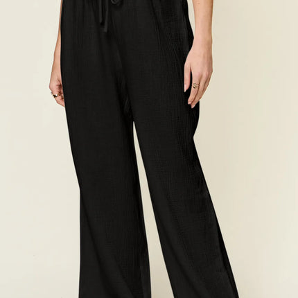 Double Take Full Size Texture Drawstring Wide Leg Pants - Image 1