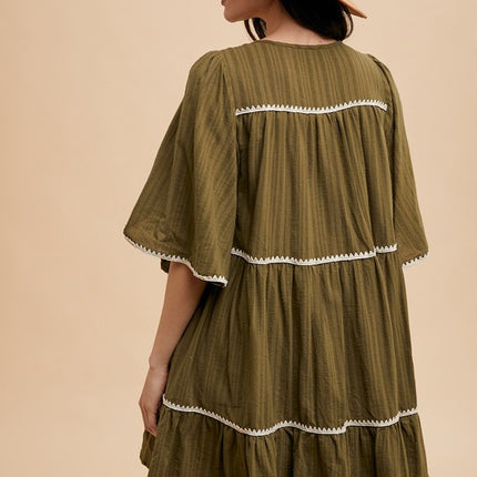 Annie Wear Tassel Contrast Trim Tie Neck Half Sleeve Tiered Dress - Image 7