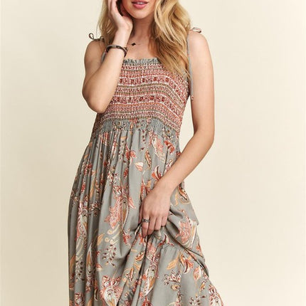 ADORA Smocked Printed Square Neck Tie Shoulder Cami Dress - Image 4