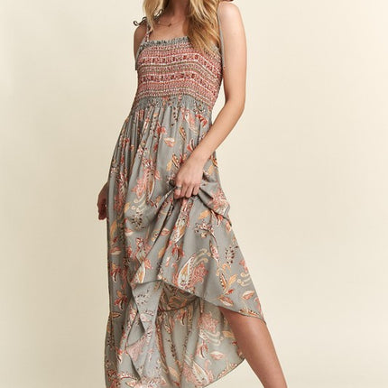 ADORA Smocked Printed Square Neck Tie Shoulder Cami Dress - Image 1
