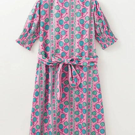 Printed Shirred Sleeve Buttoned Front Midi Dress with Sash - Image 7