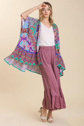 Umgee Full Size Mixed Print Ruffle Hem Open Front Cover Up Plus Size - Image 3