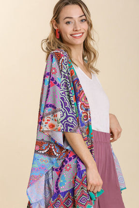 Umgee Full Size Mixed Print Ruffle Hem Open Front Cover Up Plus Size - Image 2