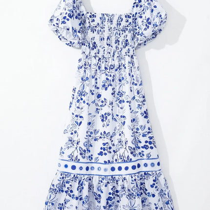 Smocked Printed Square Neck Puff Sleeve Dress - Image 4