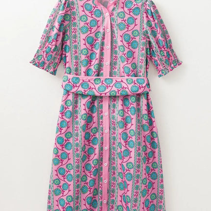 Printed Shirred Sleeve Buttoned Front Midi Dress with Sash - Image 6