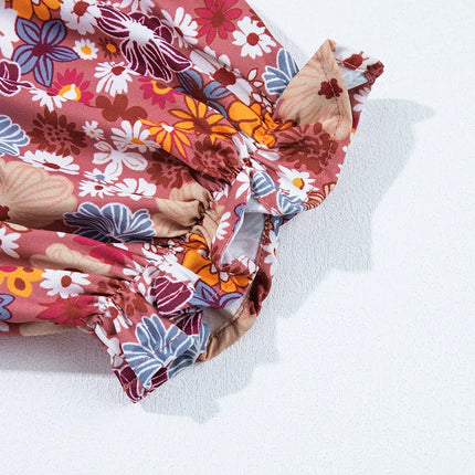 Floral Puff Sleeve Square Neck Knot Open Back Mini Dress - Image 10