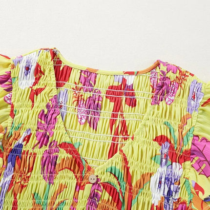 Cheetah Plant Print Shirred Button V Neck Maxi Dress - Image 8