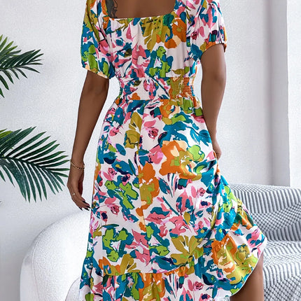 Ruffled Hem Smocked Floral Short Sleeve Midi Dress - Image 9