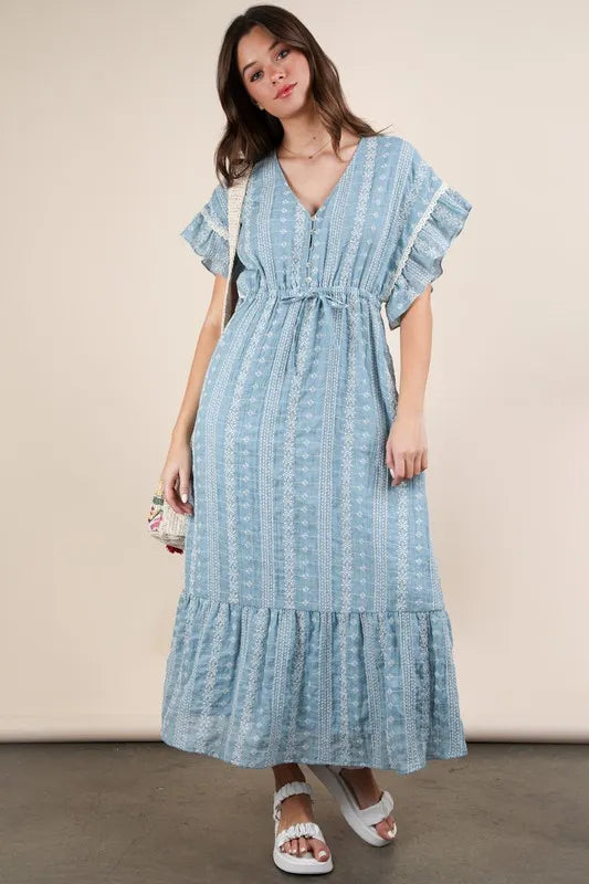 VERY J Embroidered Boho Ruffled Midi Dress