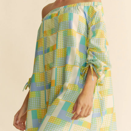 Davi & Dani Printed Off Shoulder Drawstring Sleeve Mini Dress - Image 4