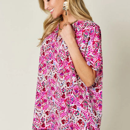 Double Take Full Size Printed V-Neck Short Sleeve Blouse - Image 2