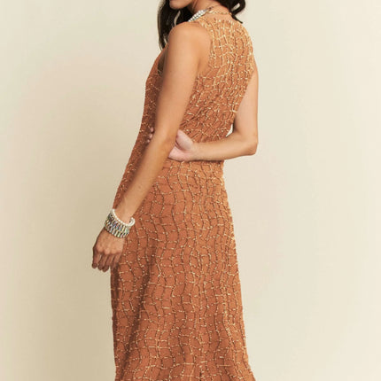 Davi & Dani Golden Textured Zippered Midi Dress - Image 9