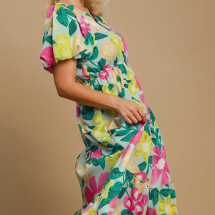 Umgee Full Size Tiered Floral Print Notched Puff Sleeve Midi Dress Plus Size - Image 6