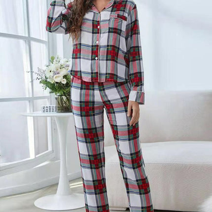 Plaid Button Front Top and Pants Lounge Set - Image 3