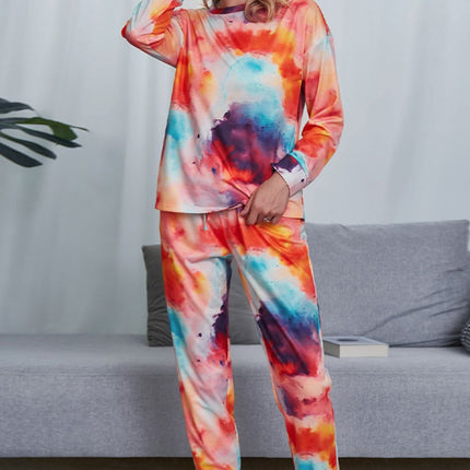 Shiny Tie-Dye Crewneck Top and Drawstring Waist Joggers Lounge Set - Image 4