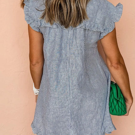 Stripe Frilled Ruffled Cap Sleeve Button Up Mini Dress - Image 2