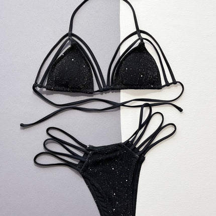 Glitter Halter Neck Strappy Two-Piece Bikini Set - Image 3