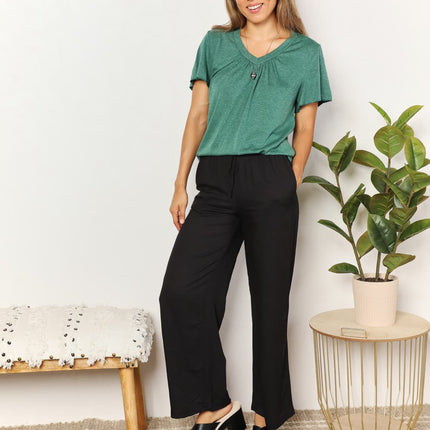 Double Take Ruched V-Neck Short Sleeve T-Shirt - Image 21