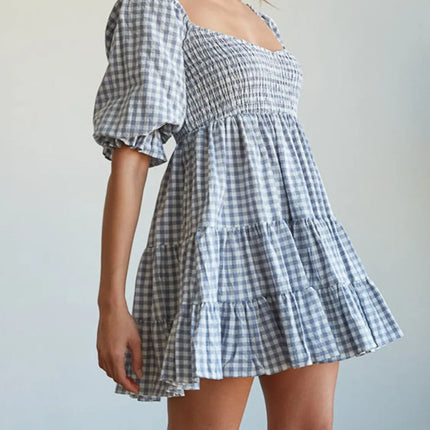 Ruffled Hem Plaid Half Sleeve Mini Dress - Image 1