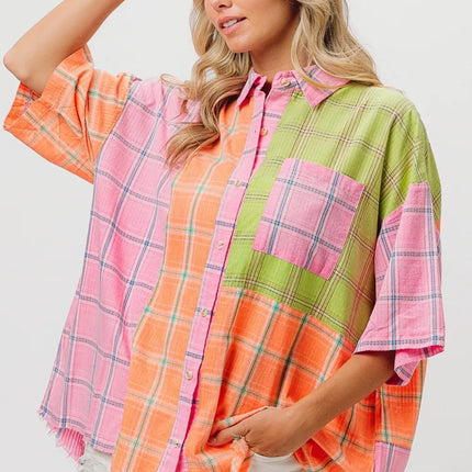 BiBi Plaid Collared Neck Half Sleeve Shirt - Image 3