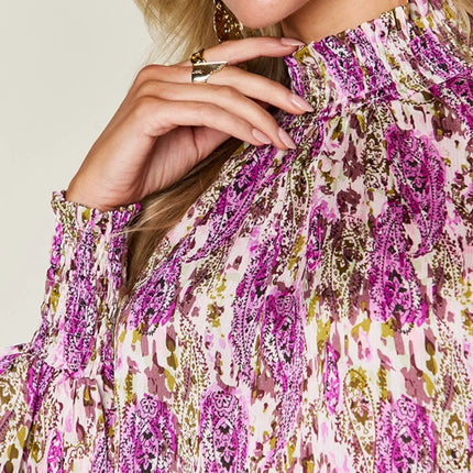 Double Take Full Size Printed Smocked Long Sleeve Blouse - Image 26