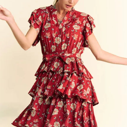 Davi & Dani Ruffle Flutter Sleeve Tie Belt Tiered Mini Dress - Image 4