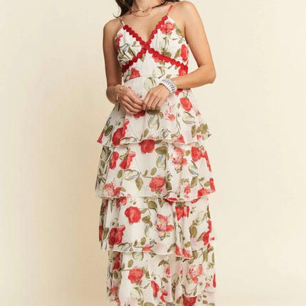 Davi & Dani Contrast Ring Lace Layered Ruffle Maxi Cami Dress - Image 1