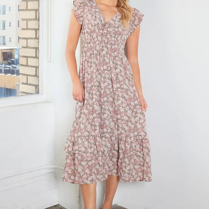 Mittoshop Flower Print Ruffle Cap Sleeve V-neck Midi Dress - Image 7