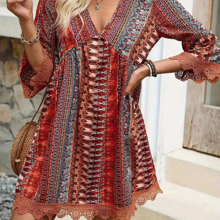 Lace Trim Printed V-Neck 3/4 Sleeve Dress - Image 1