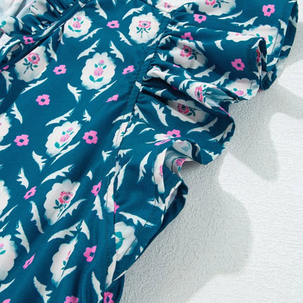 Printed Tie Neck Ruffled Cap Sleeve Dress - Image 12