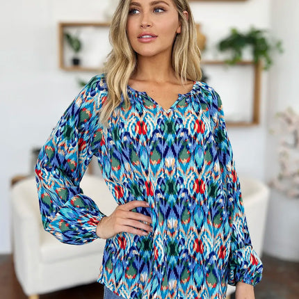 Double Take Full Size Printed Balloon Sleeve Blouse - Image 16