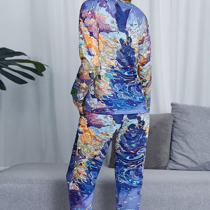 Shiny Tie-Dye Crewneck Top and Drawstring Waist Joggers Lounge Set - Image 9