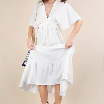 VERY J Mineral Washed Elastic Neck Detail Midi Dress - Image 3