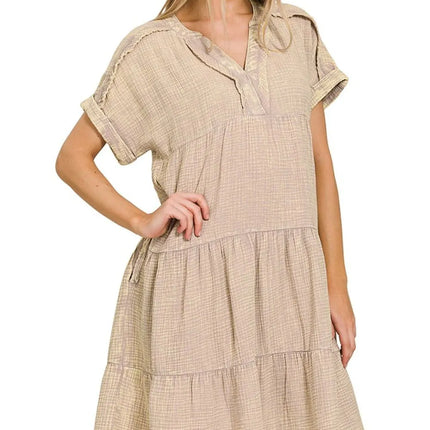 Zenana Washed Double Gauze Raw Edge Notched Dress - Image 2