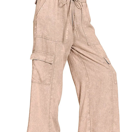 Zenana Washed Linen Elastic Band Waist Cargo Pants - Image 4
